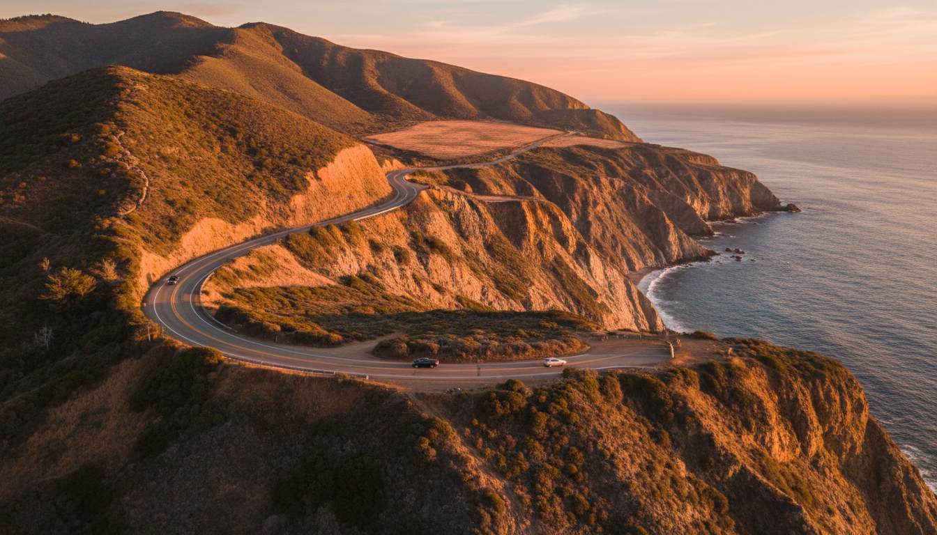 A two-lane California coastal highway curving along ocean bluffs above the Pacific at golden hour