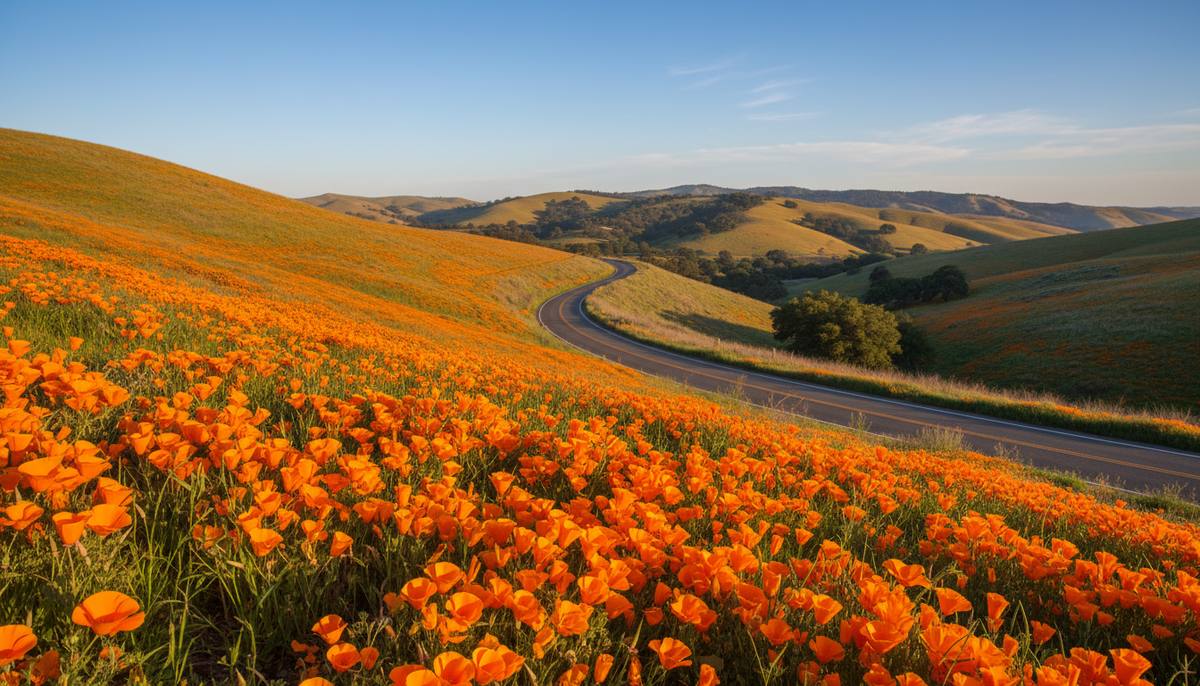 A California hillside covered in orange poppies with a quiet two-lane road curving through