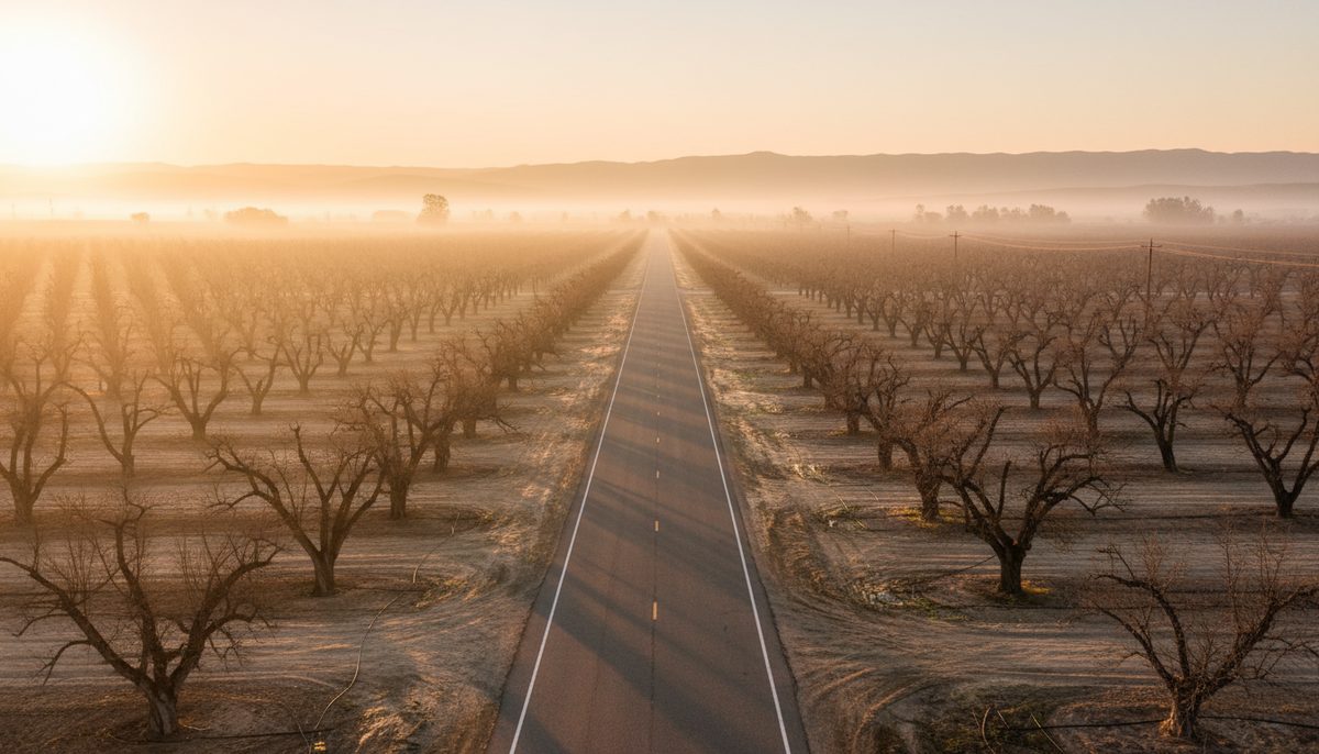 A straight Central Valley farm road at sunrise running between rows of almond orchards
