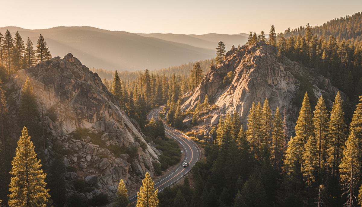 A mountain highway winding through tall Sierra Nevada pines in late-afternoon light