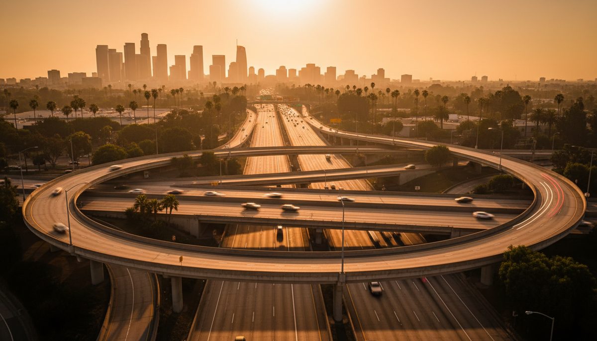 A wide Los Angeles freeway interchange with sweeping concrete ramps at golden hour