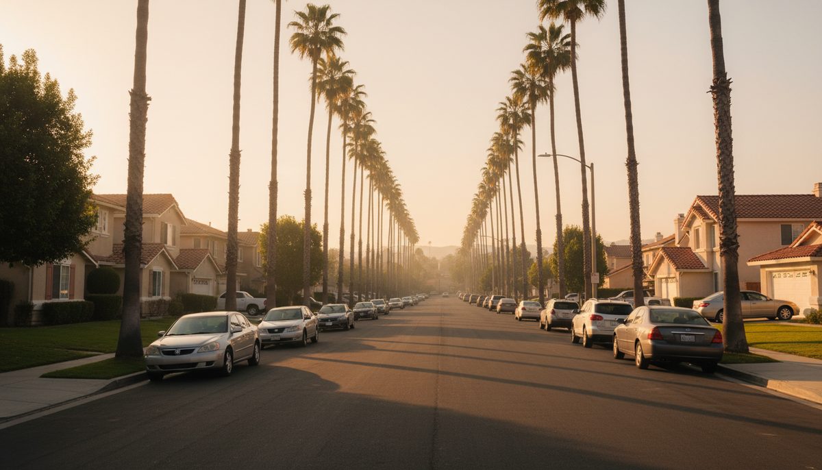 A quiet California suburban street lined with tall palm trees in warm evening light