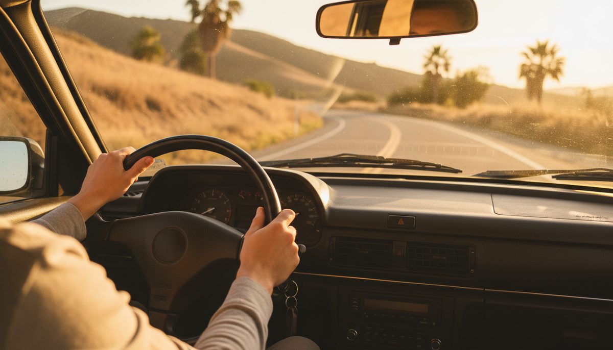 Hands on a steering wheel with a California hillside road visible through the windshield