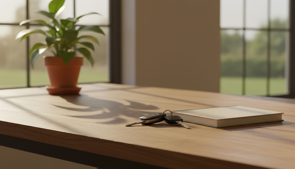 A set of car keys and a closed notebook on a warm oak table beside a sunlit window