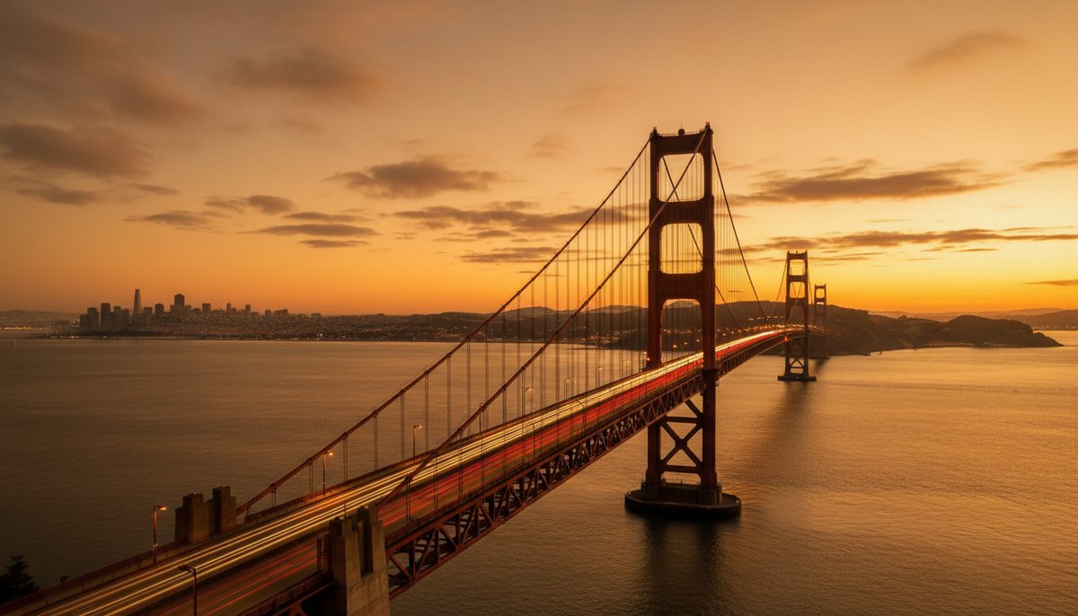 A long suspension bridge over San Francisco Bay at dusk