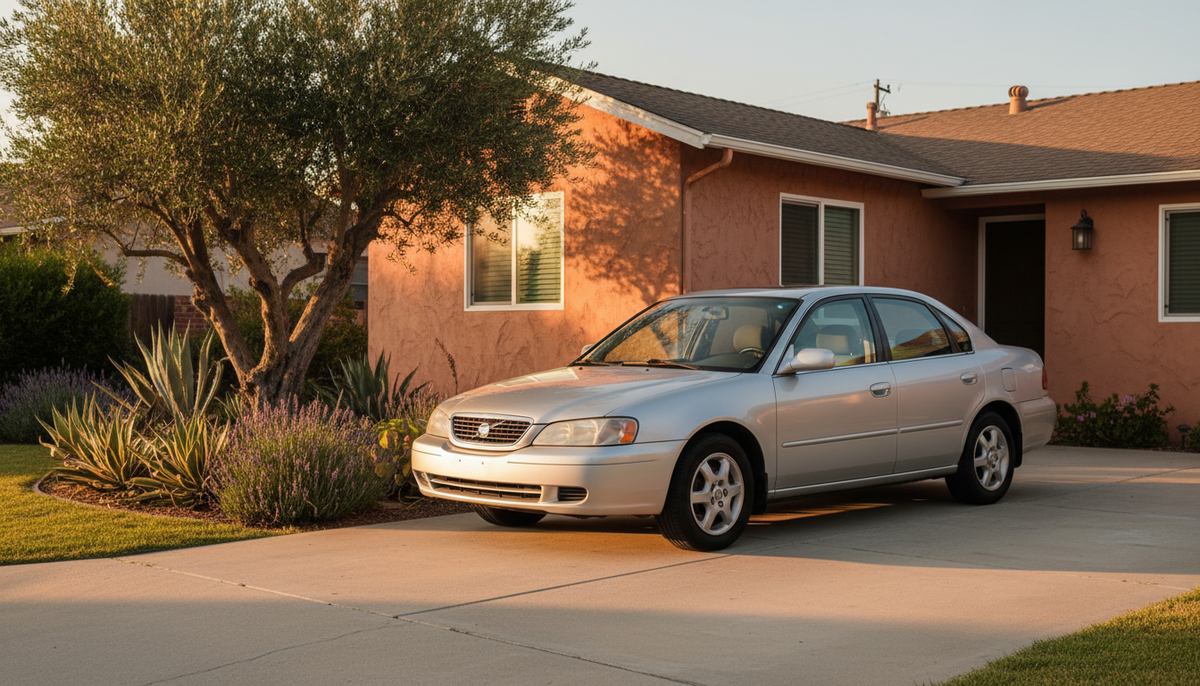 A modest silver sedan parked on the driveway of a single-story California home at golden hour